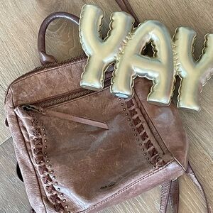 The Sak Brown Distressed Leather Adjustable Backpack Stud & Whipstitch Detail